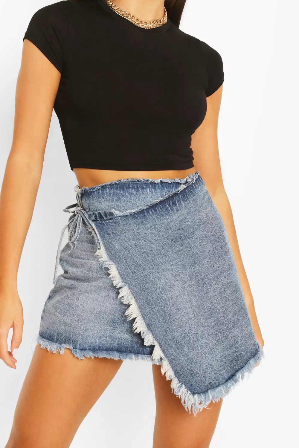 Denim wrap frayed skirt sale